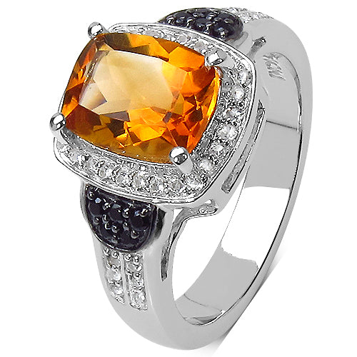 1.95 Carat Genuine Citrine, Black Spinel & White Topaz .925 Sterling Silver Ring