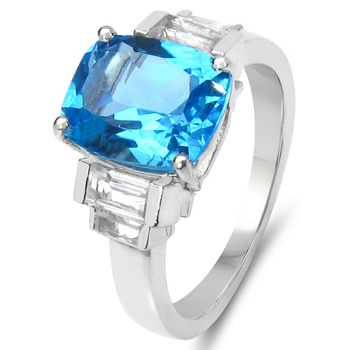 4.36 Carat Genuine Swiss Blue Topaz & White Topaz .925 Sterling Silver Ring