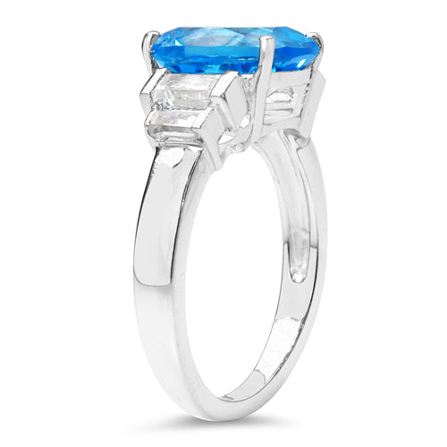 4.36 Carat Genuine Swiss Blue Topaz & White Topaz .925 Sterling Silver Ring