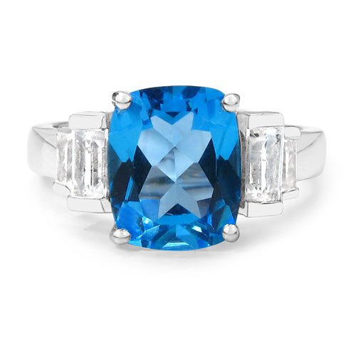 4.36 Carat Genuine Swiss Blue Topaz & White Topaz .925 Sterling Silver Ring