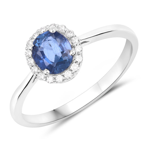 1.06 Carat Genuine Blue Sapphire and White Diamond 14K White Gold Ring