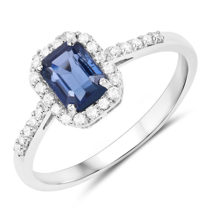 1.29 Carat Genuine Blue Sapphire and White Diamond 14K White Gold Ring