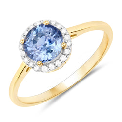 1.35 Carat Genuine Blue Sapphire and White Diamond 14K Yellow Gold Ring