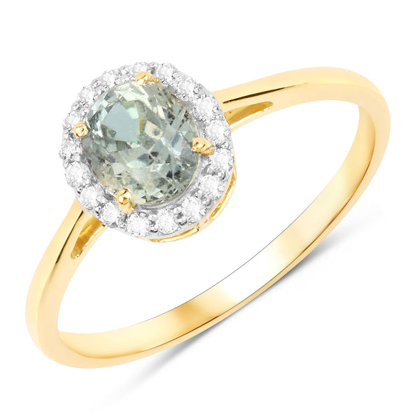 1.29 Carat Genuine Green Sapphire and White Diamond 14K Yellow Gold Ring