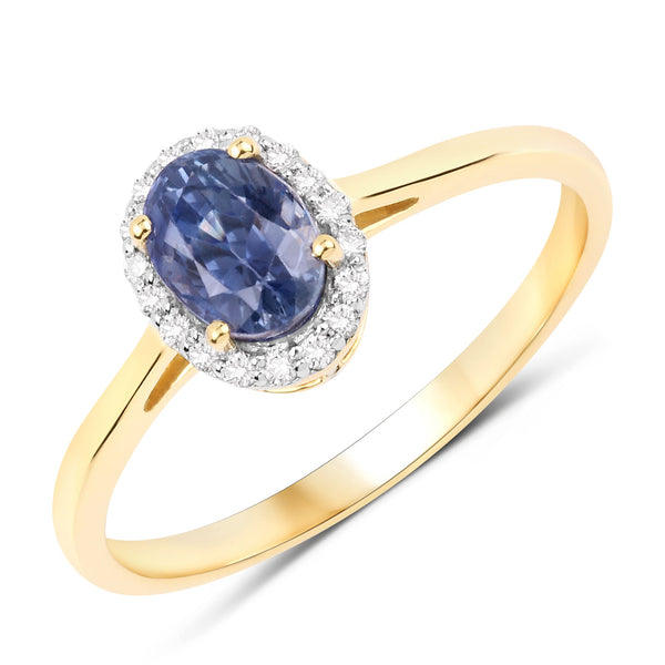 1.15 Carat Genuine Blue Sapphire and White Diamond 14K Yellow Gold Ring