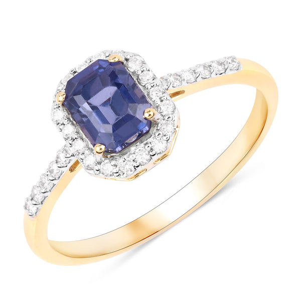 1.37 Carat Genuine Purple Blue Sapphire and White Diamond 14K Yellow Gold Ring