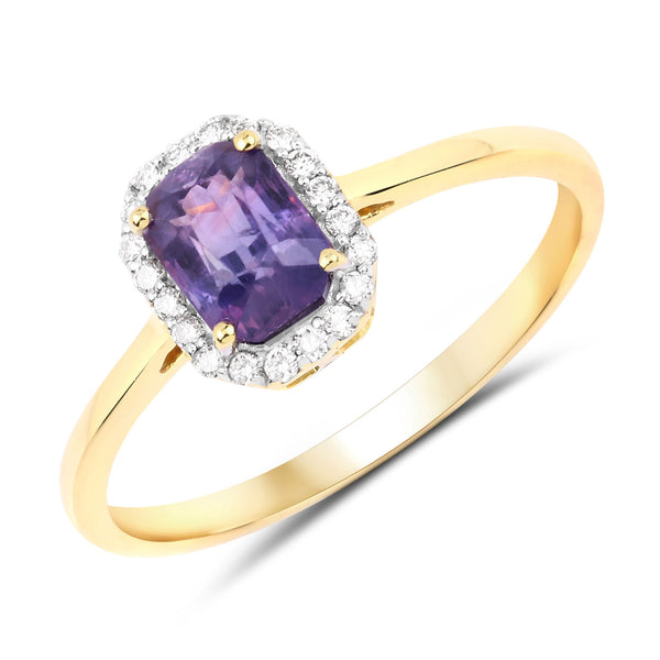 1.11 Carat Genuine Purple Blue Sapphire and White Diamond 14K Yellow Gold Ring