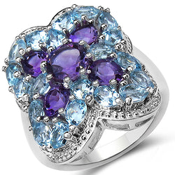 5.53 Carat Genuine Amethyst & Blue Topaz .925 Sterling Silver Ring