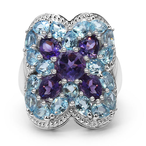 5.53 Carat Genuine Amethyst & Blue Topaz .925 Sterling Silver Ring