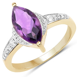 14K Yellow Gold Plated 1.45 Carat Genuine Amethyst & White Topaz .925 Sterling Silver Ring