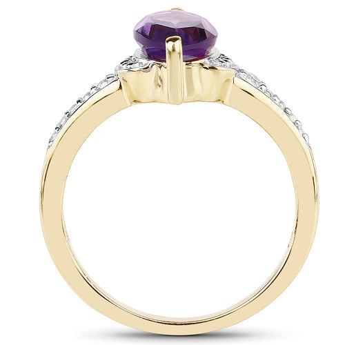 14K Yellow Gold Plated 1.45 Carat Genuine Amethyst & White Topaz .925 Sterling Silver Ring