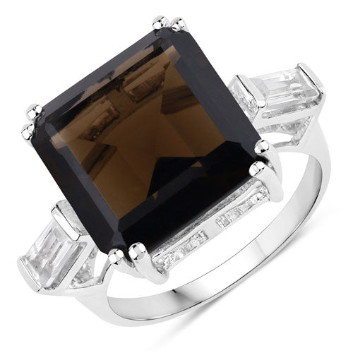 8.80 Carat Genuine Smoky Quartz and White Topaz .925 Sterling Silver Ring