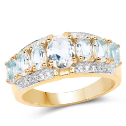 14K Yellow Gold Plated 2.02 Carat Genuine Aquamarine and White Topaz .925 Sterling Silver Ring