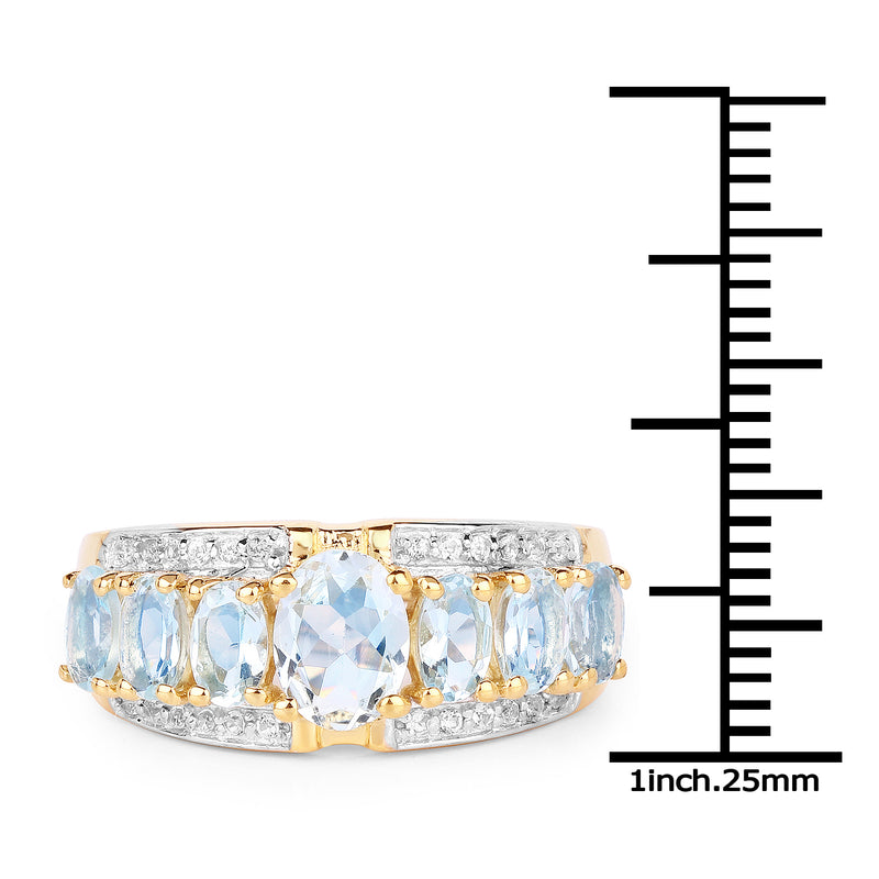 14K Yellow Gold Plated 2.02 Carat Genuine Aquamarine and White Topaz .925 Sterling Silver Ring