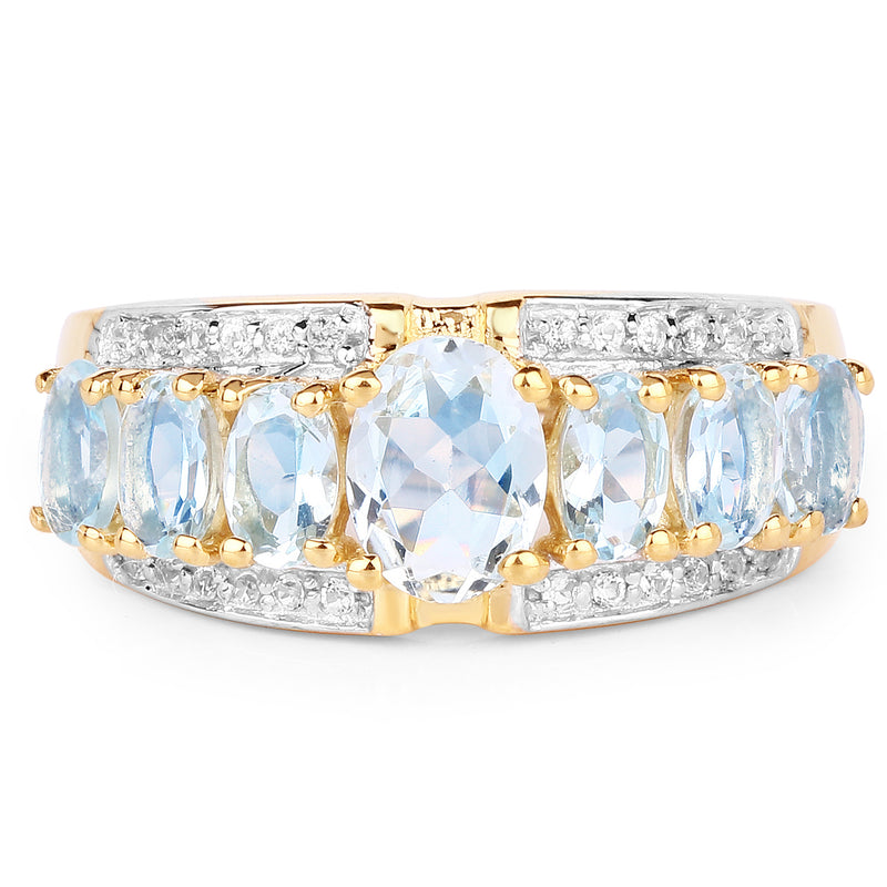 14K Yellow Gold Plated 2.02 Carat Genuine Aquamarine and White Topaz .925 Sterling Silver Ring