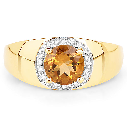 14K Yellow Gold Plated 1.30 Carat Genuine Citrine and White Topaz .925 Sterling Silver Ring