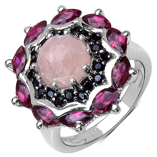 4.45 Carat Genuine Morganite Rhodolite & Black Spinel .925 Sterling Silver Ring