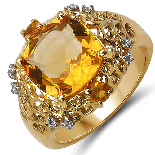 14K Yellow Gold Plated 3.77 Carat Genuine Golden Citrine & White Topaz .925 Sterling Silver Ring