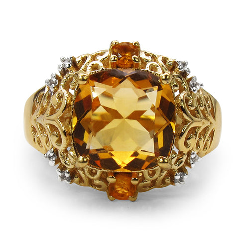 14K Yellow Gold Plated 3.77 Carat Genuine Golden Citrine & White Topaz .925 Sterling Silver Ring