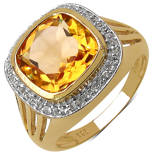 14K Yellow Gold Plated 3.78 Carat Genuine Citrine & White Topaz .925 Sterling Silver Ring