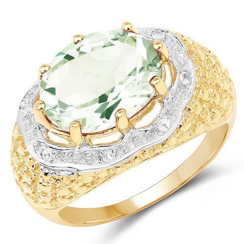14K Yellow Gold Plated 4.37 Carat Genuine Green Amethyst and White Topaz .925 Sterling Silver Ring