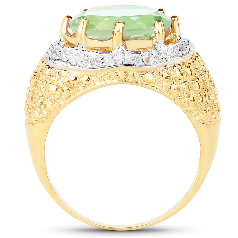 14K Yellow Gold Plated 4.37 Carat Genuine Green Amethyst and White Topaz .925 Sterling Silver Ring