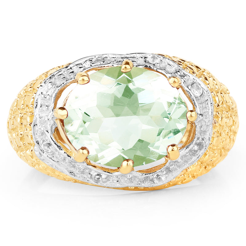 14K Yellow Gold Plated 4.37 Carat Genuine Green Amethyst and White Topaz .925 Sterling Silver Ring