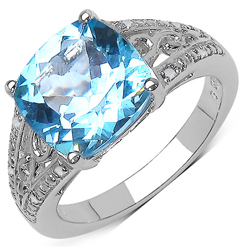 5.05 Carat Genuine Blue Topaz and 0.05 ct.t.w Genuine Diamond Accents Sterling Silver Ring