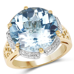 14K Yellow Gold Plated 14.15 Carat Genuine Blue Topaz .925 Sterling Silver Ring