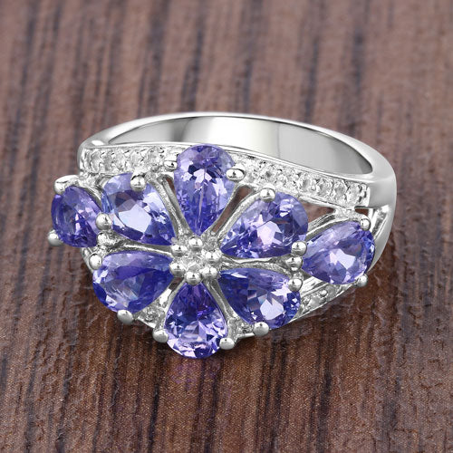 3.24 Carat Genuine Tanzanite and White Topaz .925 Sterling Silver Ring