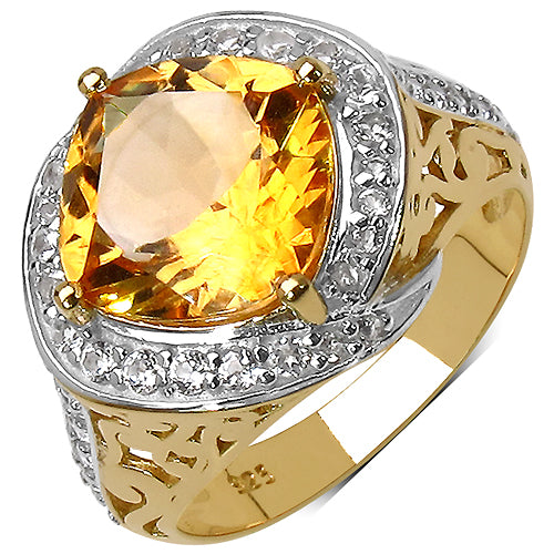 14K Yellow Gold Plated 4.35 Carat Genuine Citrine & White Topaz .925 Sterling Silver Ring