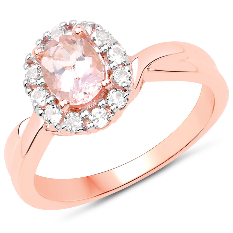 14K Rose Gold Plated 1.08 Carat Genuine Morganite and White Topaz .925 Sterling Silver Ring