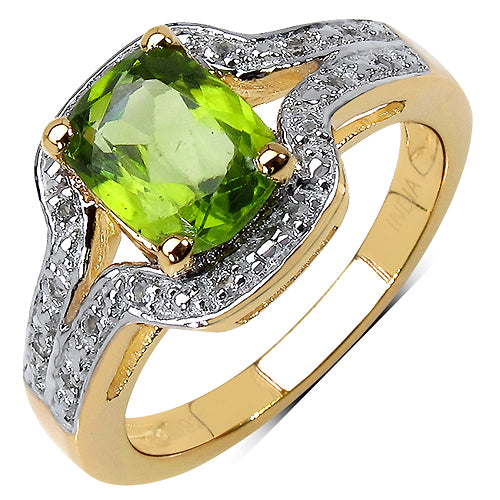 14K Yellow Gold Plated 1.38 Carat Genuine Peridot & White Topaz .925 Sterling Silver Ring