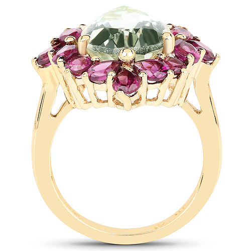 14K Yellow Gold Plated 7.21 Carat Genuine Green Amethyst and Rhodolite .925 Sterling Silver Ring