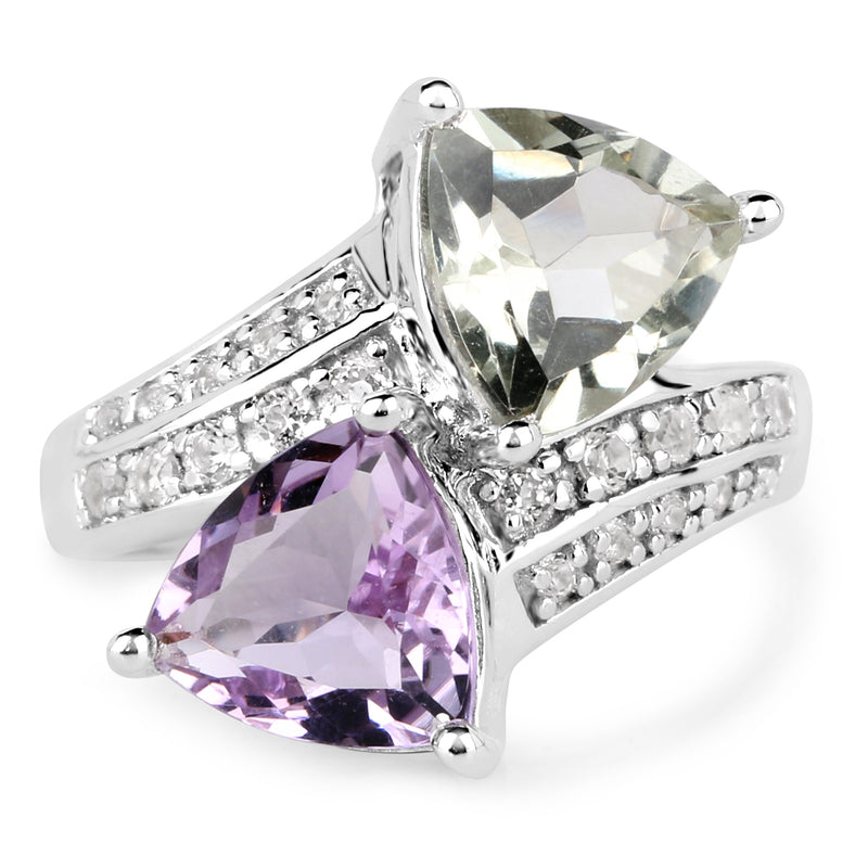 "4.80 Carat Genuine Pink Amethyst, Green Amethyst and White Topaz .925 Sterling Silver Ring