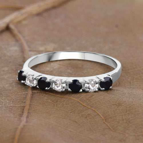 0.56 Carat Genuine Black Sapphire and White Topaz .925 Sterling Silver Ring