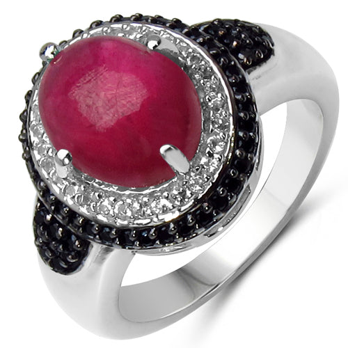 5.14 Carat Genuine Ruby, Black Spinel & White Topaz .925 Sterling Silver Ring