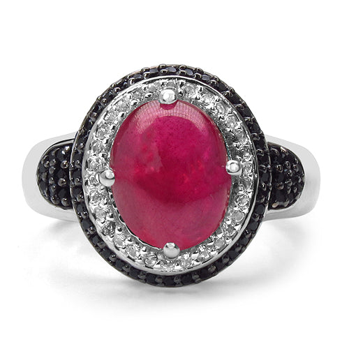 5.14 Carat Genuine Ruby, Black Spinel & White Topaz .925 Sterling Silver Ring