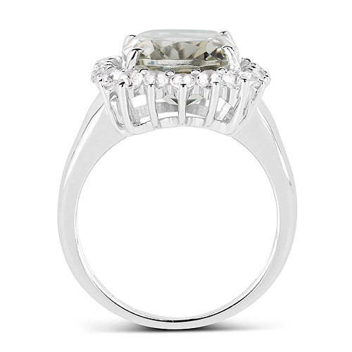5.80 Carat Genuine Green Amethyst and White Topaz .925 Sterling Silver Ring