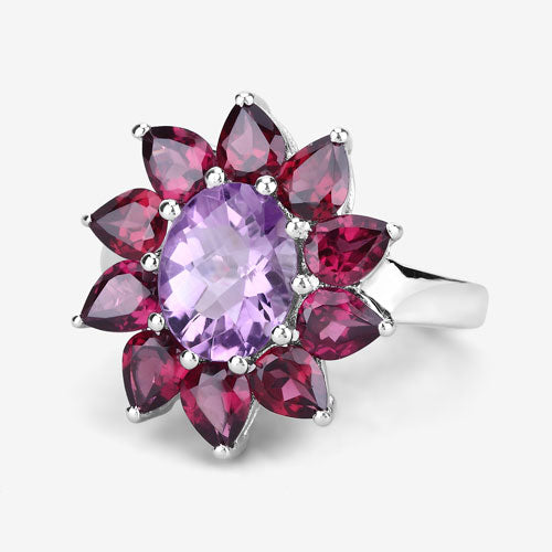 5.65 Carat Genuine Amethyst and Rhodolite .925 Sterling Silver Ring