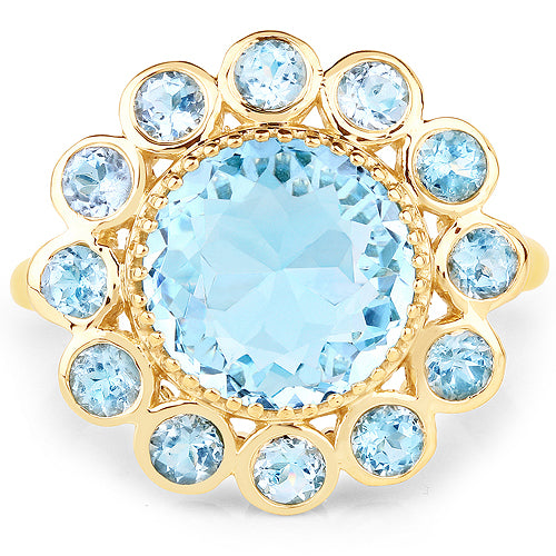 14K Yellow Gold Plated 6.59 Carat Genuine Blue Topaz .925 Sterling Silver Ring