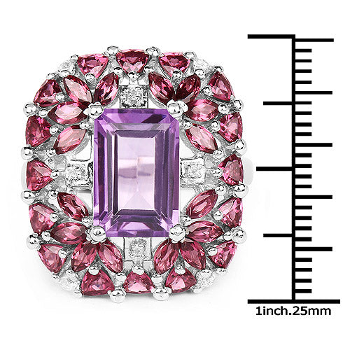 7.59 Carat Genuine Pink Amethyst, Rhodolite and White Topaz .925 Sterling Silver Ring