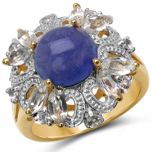 14K Yellow Gold Plated 4.87 Carat Genuine Tanzanite & White Topaz .925 Sterling Silver Ring