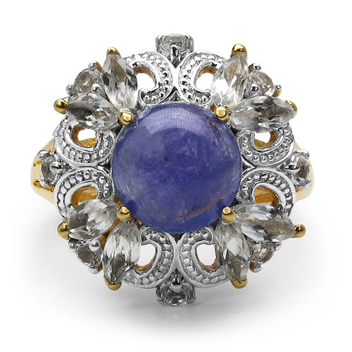 14K Yellow Gold Plated 4.87 Carat Genuine Tanzanite & White Topaz .925 Sterling Silver Ring