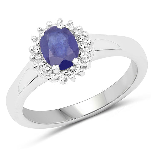 1.09 Carat Genuine Glass Filled Sapphire and White Topaz .925 Sterling Silver Ring