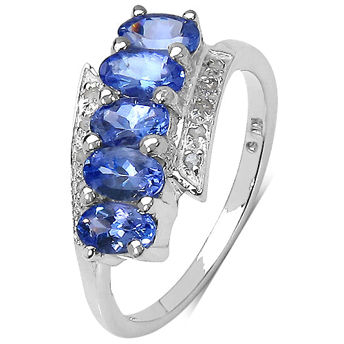 1.30 Carat Genuine White Diamond & Tanzanite .925 Sterling Silver Ring