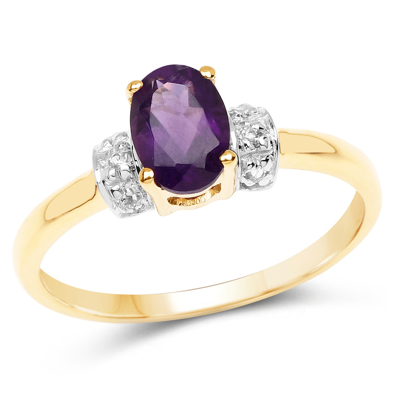 14K Yellow Gold Plated 0.85 Carat Genuine Amethyst and White Topaz .925 Sterling Silver Ring