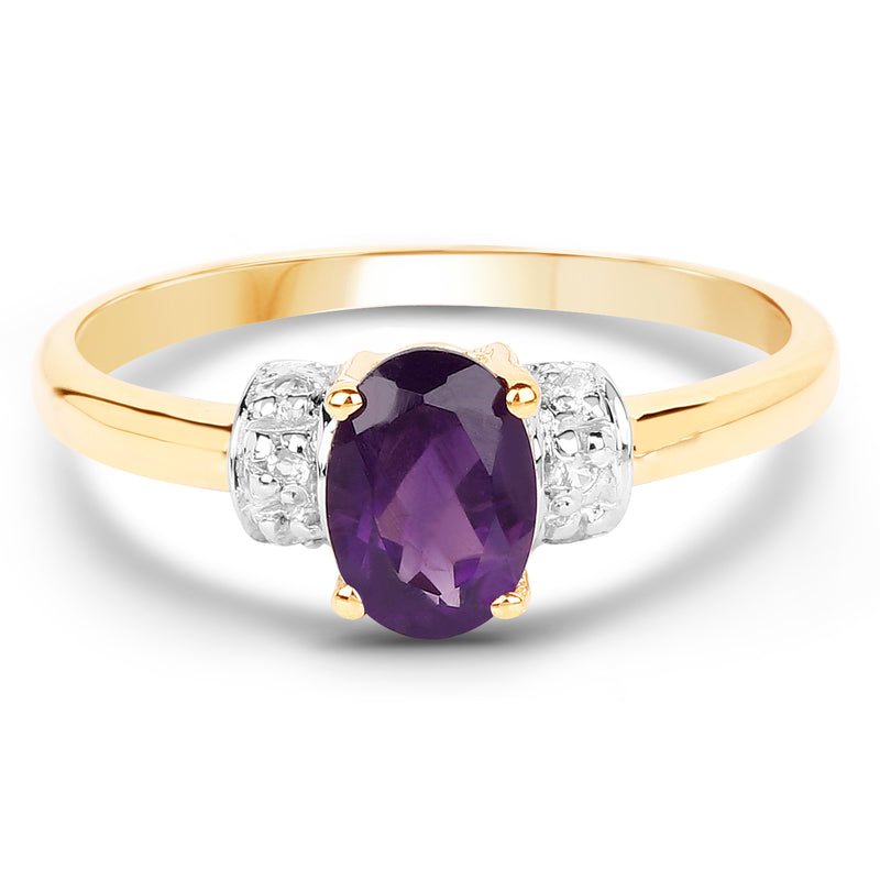 14K Yellow Gold Plated 0.85 Carat Genuine Amethyst and White Topaz .925 Sterling Silver Ring