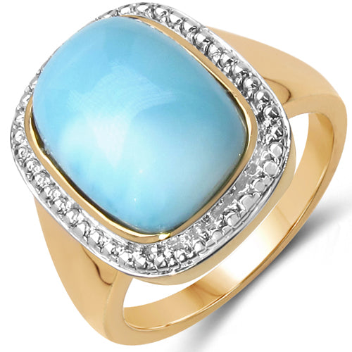 14K Yellow Gold Plated 8.35 Carat Genuine Larimar .925 Sterling Silver Ring