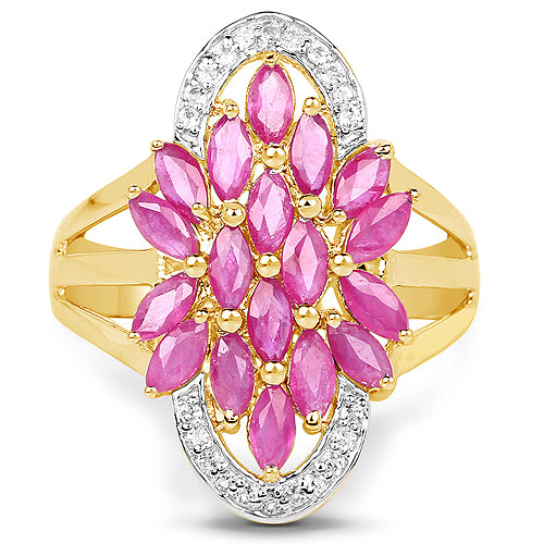 14K Yellow Gold Plated 3.46 Carat Glass Filled Ruby and White Topaz .925 Sterling Silver Ring
